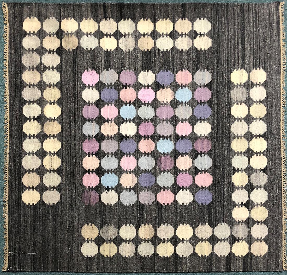 Rare Hungarian Kilim Carpet 69" x 67": This hand-woven Hungarian Kilim rug dates back to the 1960's & 1970's. Under a failing communist regime, the weavers of Hungary resorted to making carpets & tapestries to live a less than glamorous li