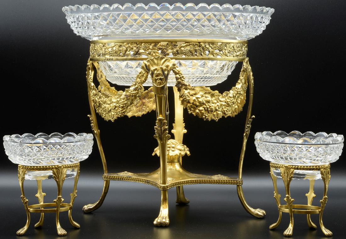 Antique Early19th Century Crystal Silver Centerpiece: A Rare & Very Antique Six Piece English Centerpiece Set with Hand Cut Crystal Bowls which detach from the Sterling Silver & Gold Plated Bases which have been adorned with beautiful engraving & etching