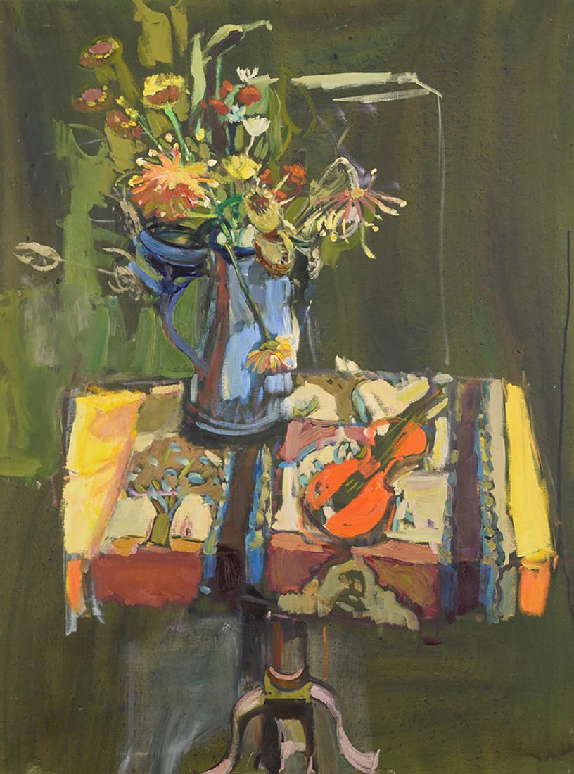 MARIANA EDNA VOLZ (AMERICAN, 1930-2003) VIOLIN: The late American artist Mariana Edna Volz ( 1930 - 2003 ) paints this unique portrayal of a Red Violin with Blue Teapot. It is an Oil on Canvas painting that comes Unframed and measures 36 x 48 inche