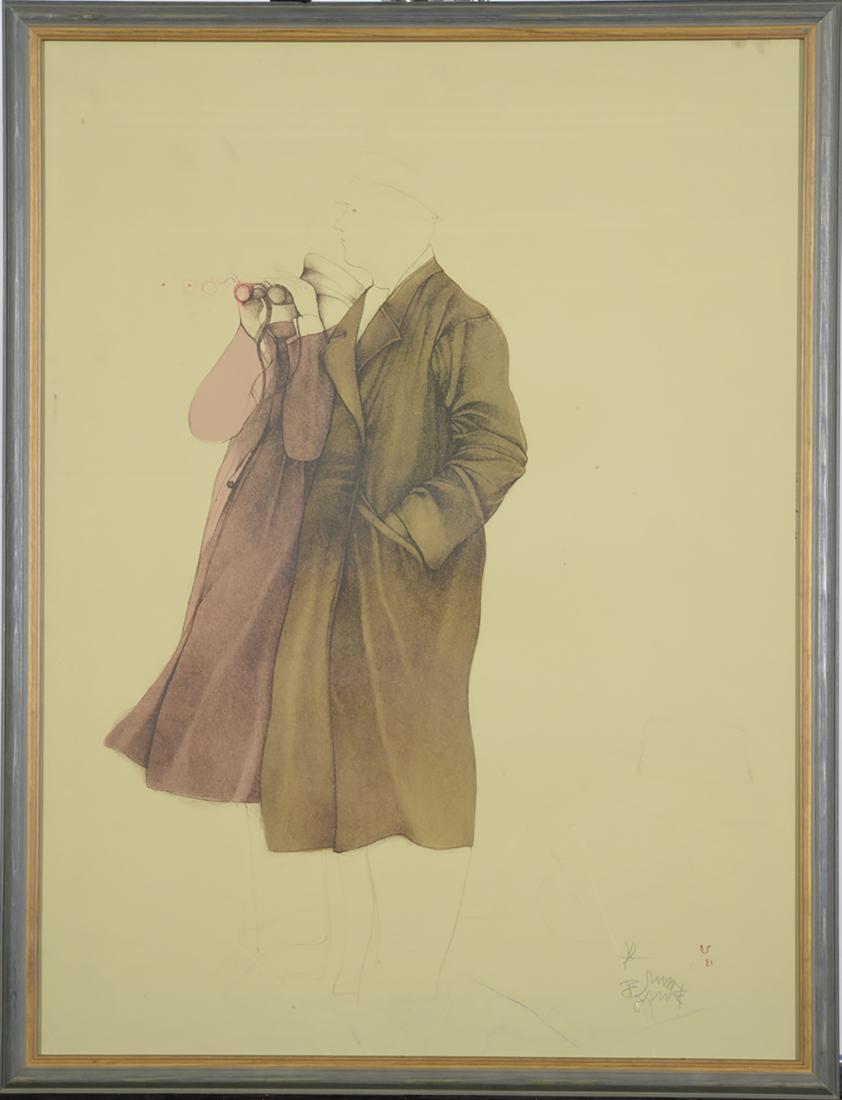 Bruno Bruni, Lithograph in Colors, Two Figures: These two figures are entranced together looking at each other with loving eyes. This piece may as well be called Two Lovers. Colored Lithograph E.A. of Bruno Bruni Pencil Signed with frame 29 7/8" x