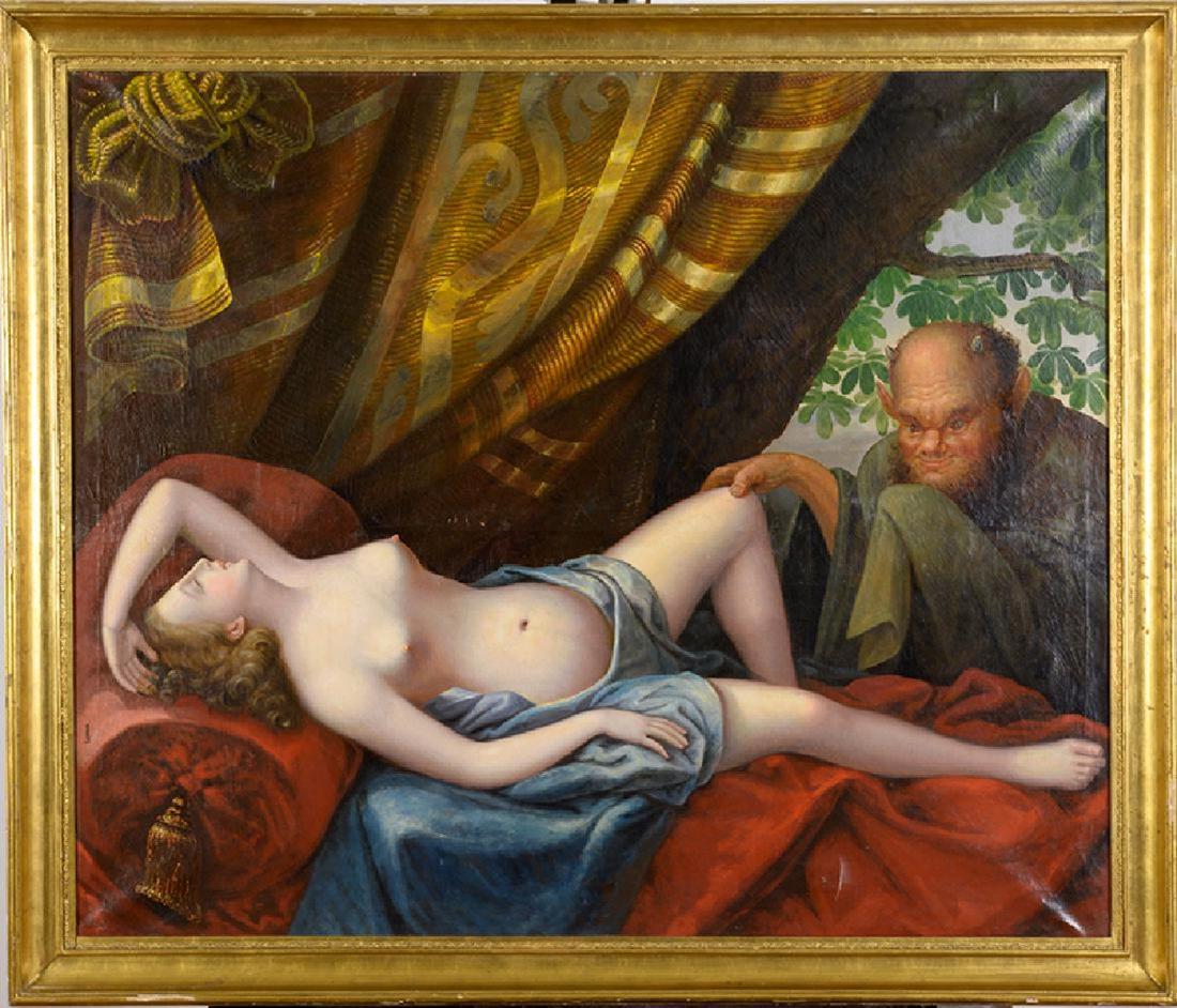 19TH CENTURY, LARGE NUDE RECLINING WITH DEVIL: An antique painting from the 19th Century ( 1800 - 1900 ) The name Lehman is printed in black on the left side of the canvas. This may or may not be the artist. This is a masterful , classical style p