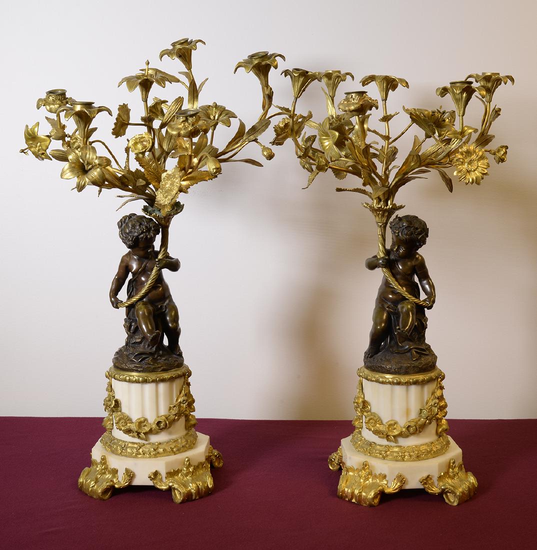 PAIR OF MARBLE & BRONZE CHERUB CANDLEABRAS 19TH CENTURY (1 of 7)
