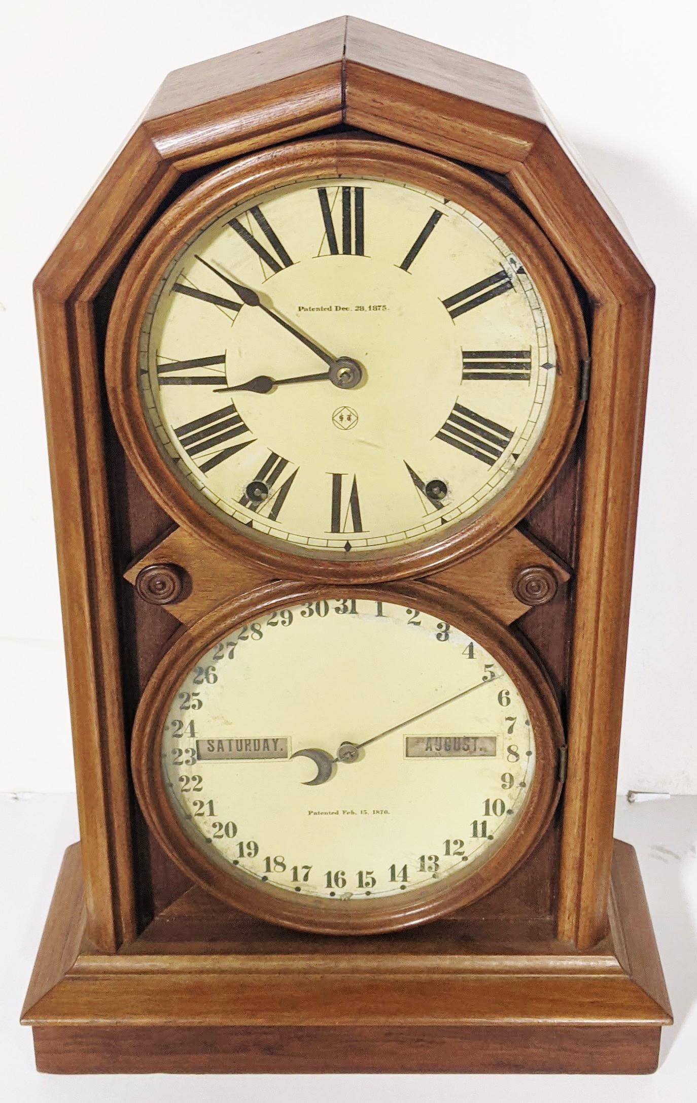 Antique Walnut Double Dial Calendar Clock. (1 of 8)