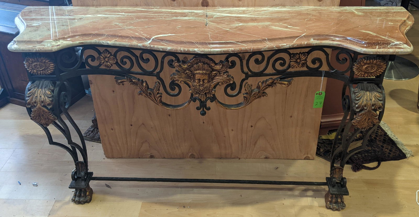 Pair Italian Gilt Iron Marble Top Console Tables: Pair of Italian Iron and Gilt Marble top Console Tables. Size is 69Ã®w x 34 Ã¦Ã®h x 17Ã®d.