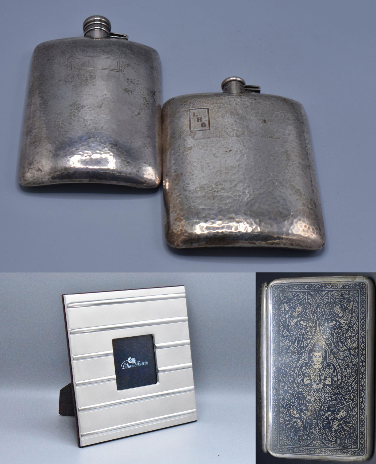 Antique Curved Silver Flasks 1920's + Lilian Austin Silver Picture Frame + Thai Sterling Silver: An Antique Curved Silver Flask from the 1920's crafted from Sterling Silver with fantastic engraving and etching work done on the piece . We speculate this piece was made during the Prohibition Era in