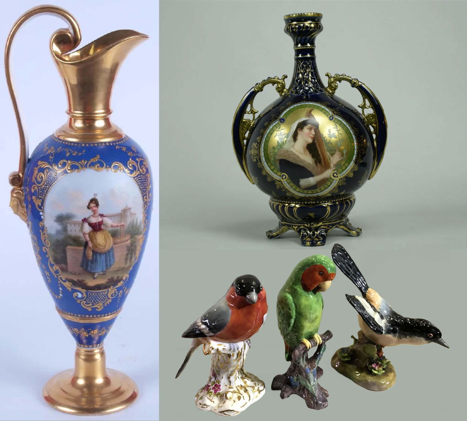 Elegant French Porcelain Ewer + Porcelain Austrian Vase with Reticulated Neck + 3 Porcelain Bird (1 of 16)