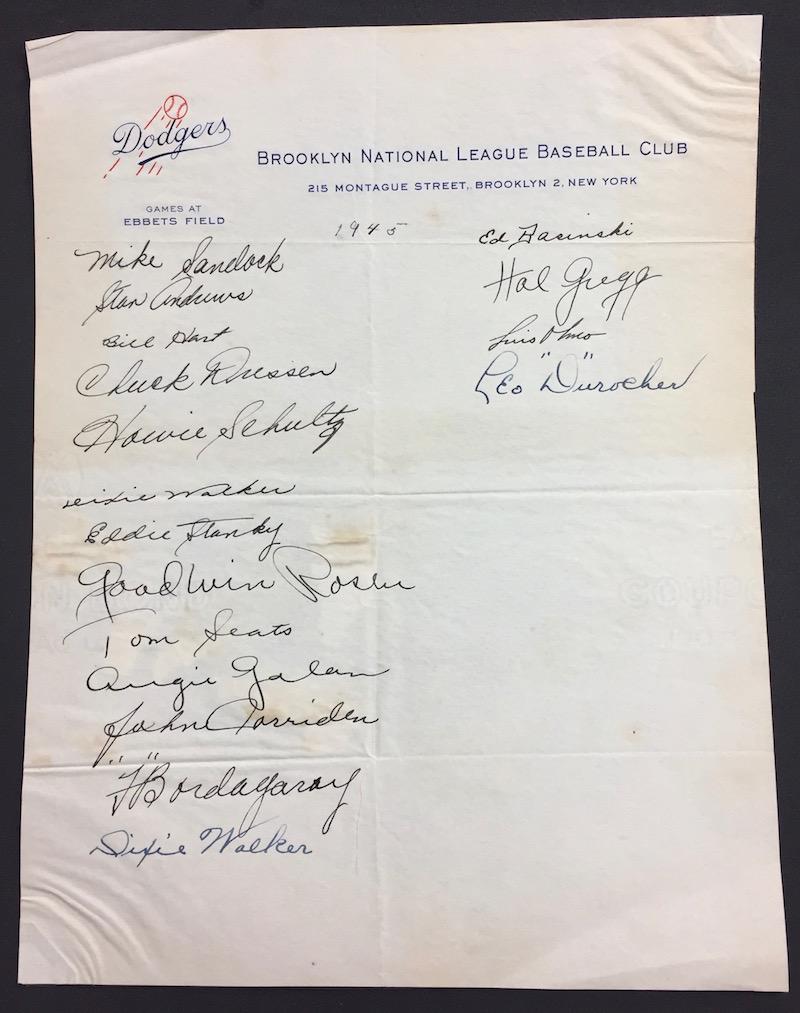 Brooklyn Dodgers 1945 Signed Letterhead: We have an Original 1945 Brooklyn National League Baseball Club "Dodgers" Team Roster signed Letterhead with 17 team members signatures including Hall of Famer Leo Durocher. All Autographs in this auc