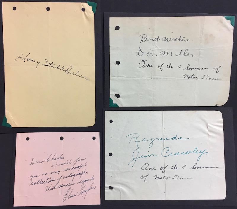 Four Horsemen of Notre Dame Football Autographs: We have a rare set of autographs by the famed "Four Horsemen" of Notre Dame Football fame. Don Miller - Harry Stuhldreher - Jimmy Crowley & Elmer Layden,with a special note to Charlie from Elmer Layde