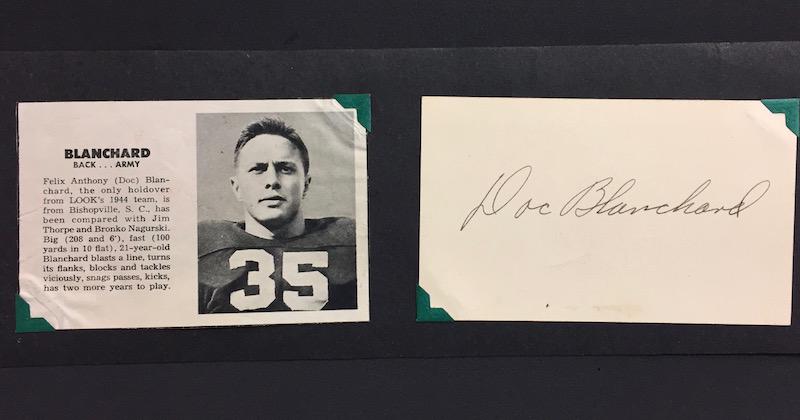 Doc Blanchard - Heisman Winner 1945 Army: We have an excellent signed index card along with a newspaper cut out by "Mr Inside" Doc Blanchard the first ever junior to win the Heisman Trophy, Maxwell Award and was the first ever football player