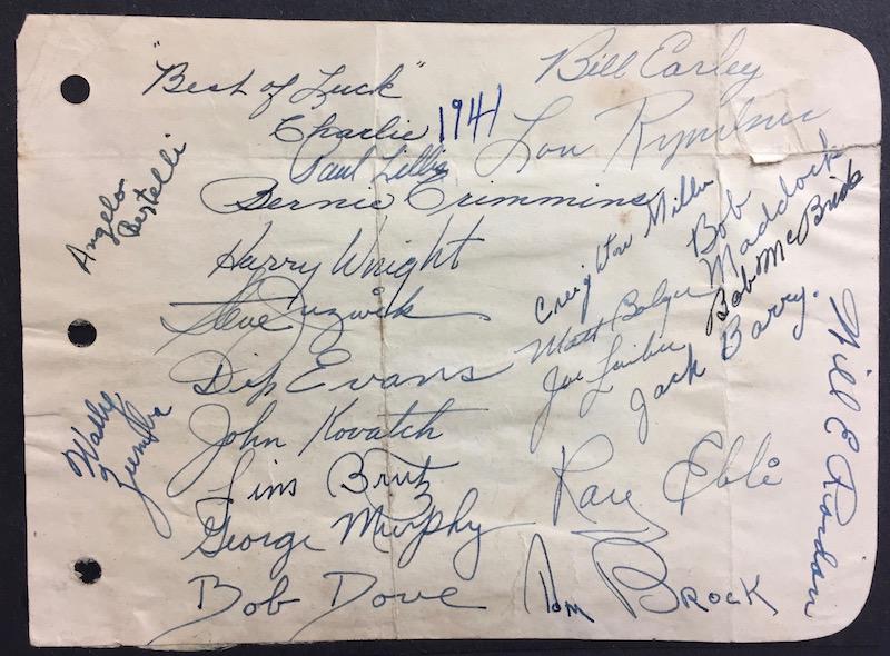 Notre Dame Football Team Signed Album Page 1941: We a beautifully signed album page by the 1941 Notre Dame Football Team signed by 22 players including the great Angelo Bertelli -1943 Heisman Trophy winner and NFL Hall of Fame Quarterback and Bob Do