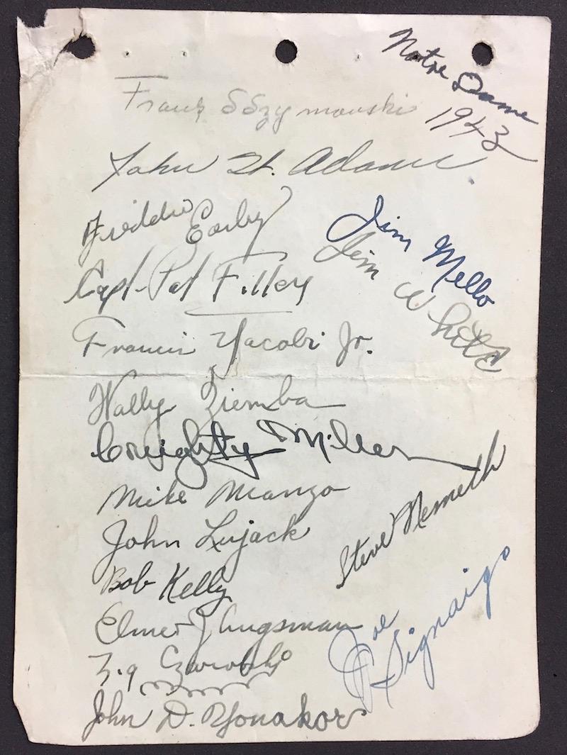 Notre Dame Football Team Signed Album Page 1943: We a beautifully signed album page by the 1943 Notre Dame Football Team signed by 17 players including the great Johnny Lujack -1947 Heisman Trophy winner, Pat Fillery, Creighton Miller, John "Jumbo"