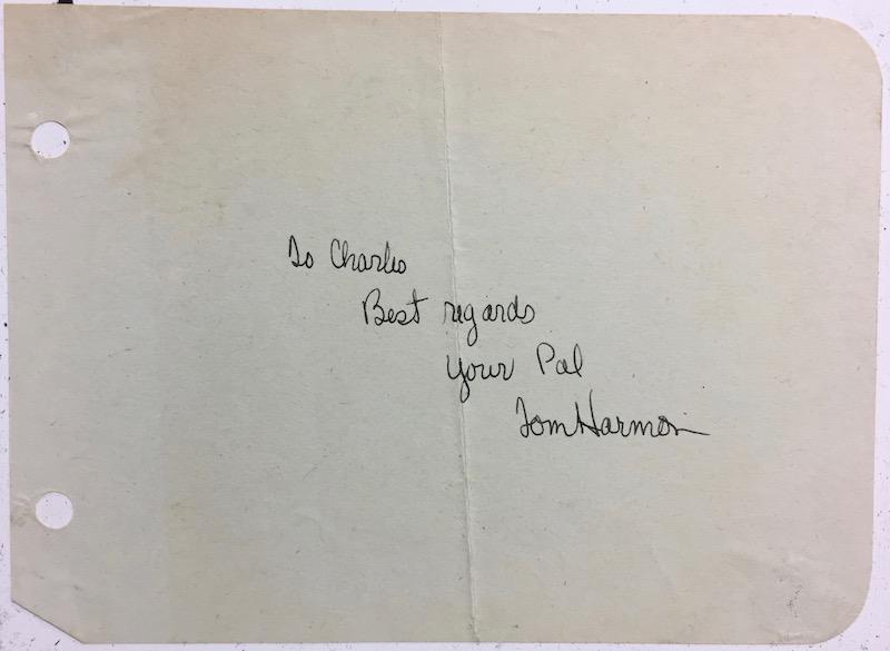 Tom Harmon Heisman Trophy Winner 1940 Autograph: A beautiful signed Album Page by the 1940 Heisman Trophy Winner Tom Harmon University of Michigan. Harmon sometimes known by the nickname "Old 98", was an American football player, WWII military pilot