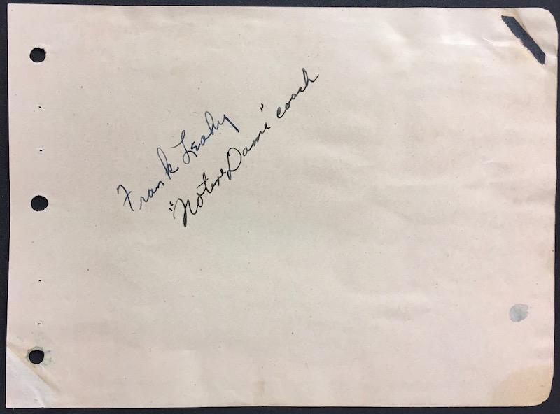 Frank Leahy Notre Dame Coaching Legend Autograph: We a nicely signed 1941 album page autograph with Newspaper clips on back, by College Football Hall of Fame and Notre Dame Legendary Coach Frank Leahy. All Autographs in this auction come the the Esta