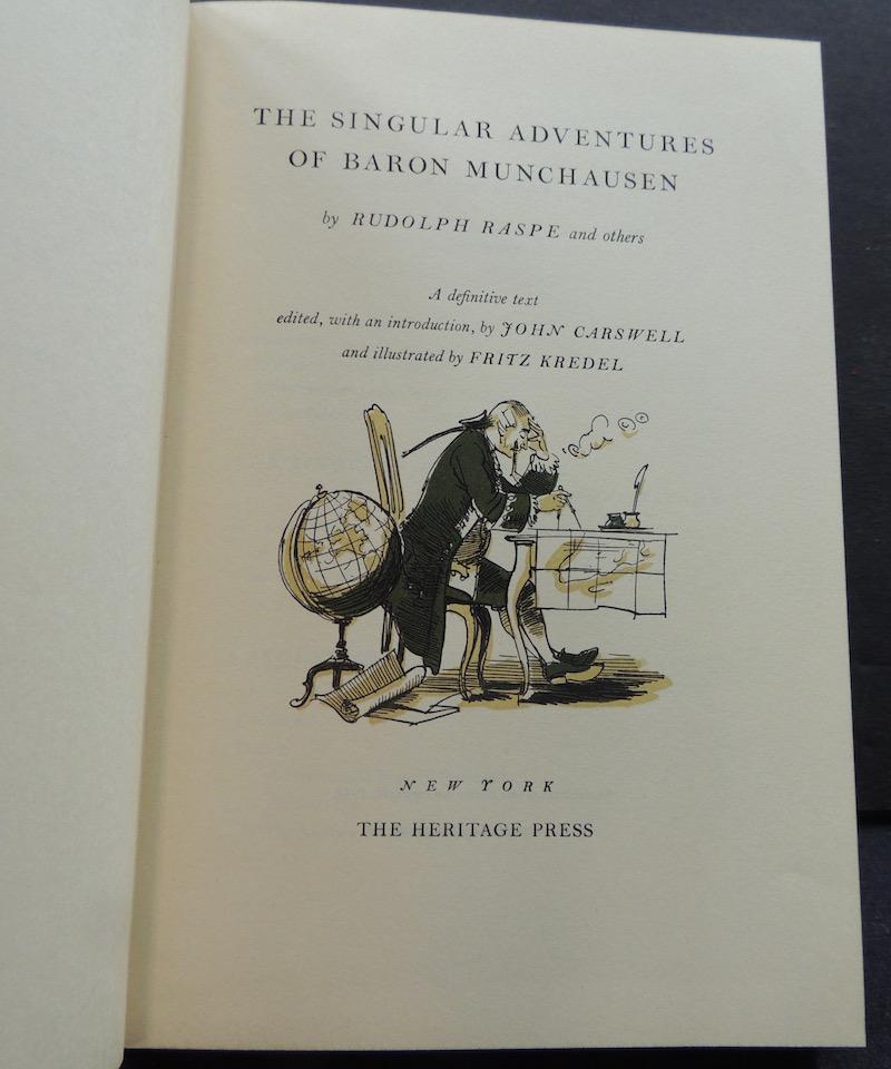 Rudolph Raspe | Book Adventures of Baron Munchausen: Rudolph Raspe -Book The Singular Adventures of Baron Munchausen Heritage Press, NY, 1952 The George Macy Companies. Hardcover Book Marbled covers w/beige cloth spine, illustrations by Fritz Kredel. wi