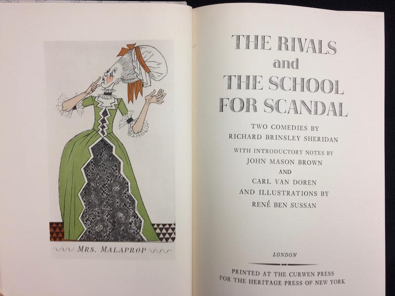 Richard Brinsley Sheridan | Book Rivals School Scandal: Richard Brinsley Sheridan - The Rivals and the School for Scandal Curwen Press/Heritage Press - Two Comedies with Introduction and Notes by John Mason Brown and Carl Van Doren.