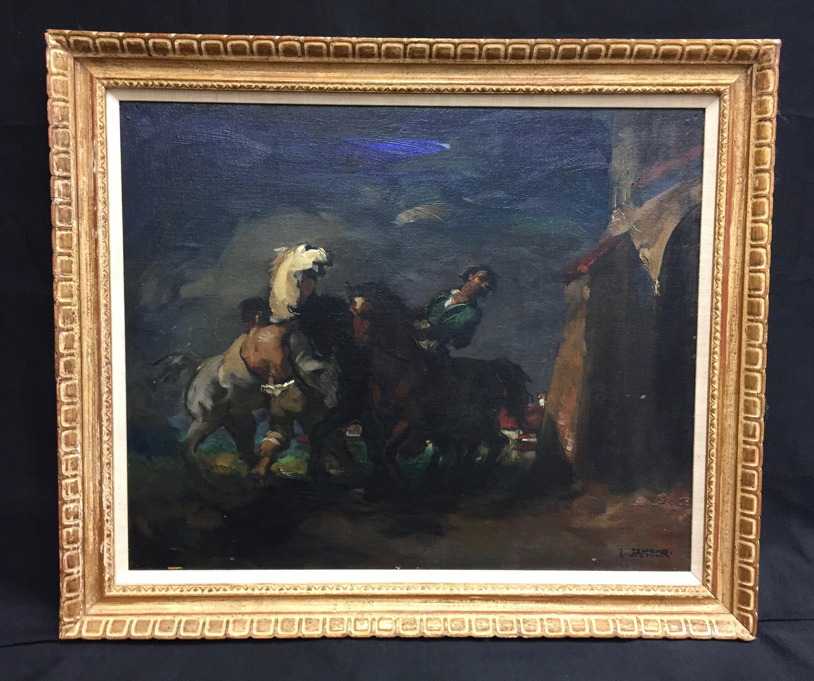 Louis Jambor 1884-1955 Oil On Board: A beautiful oil painting of horse wranglers at night by Louis Jambor (1884 - 1955) - Hungarian / American - Oil On Board Measure 22 x 26 1/2