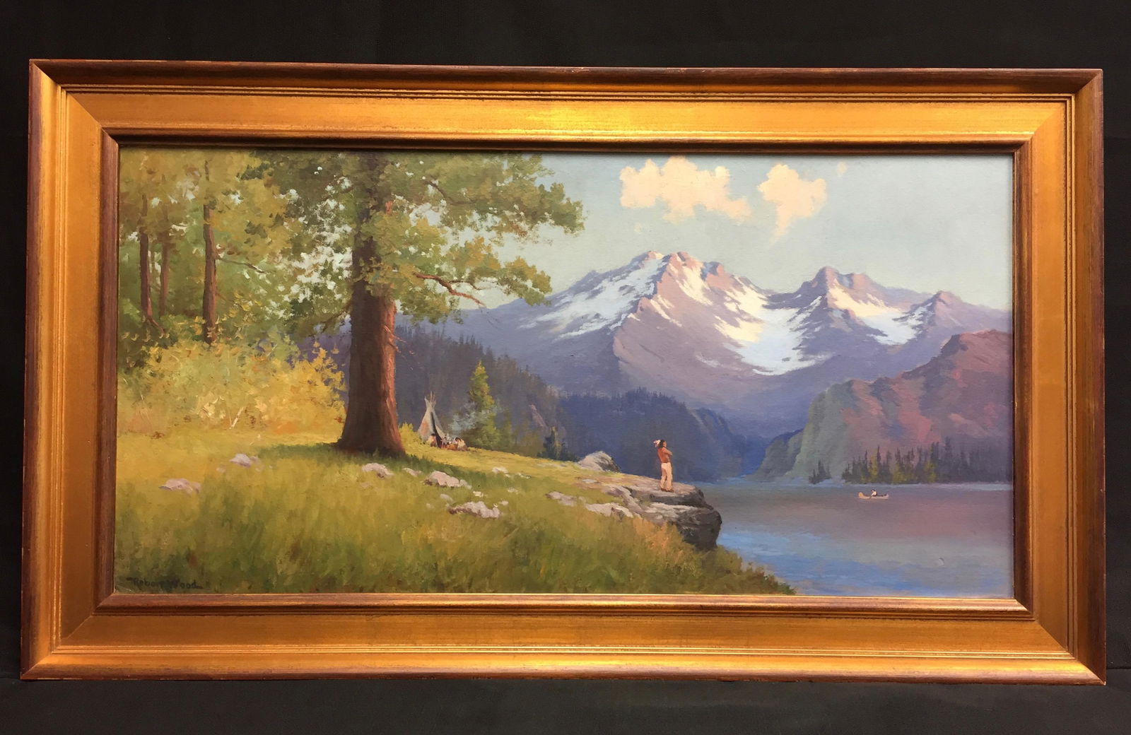 Robert William Wood 1889 - 1979 Oil on Board: A truly beautiful and very early Robert Wood (1889 - 1979) Oil on Board Painting of Lake Jenny. Measures 21 1/2 x 37. This painting is in a modern frame, not original to the painting.