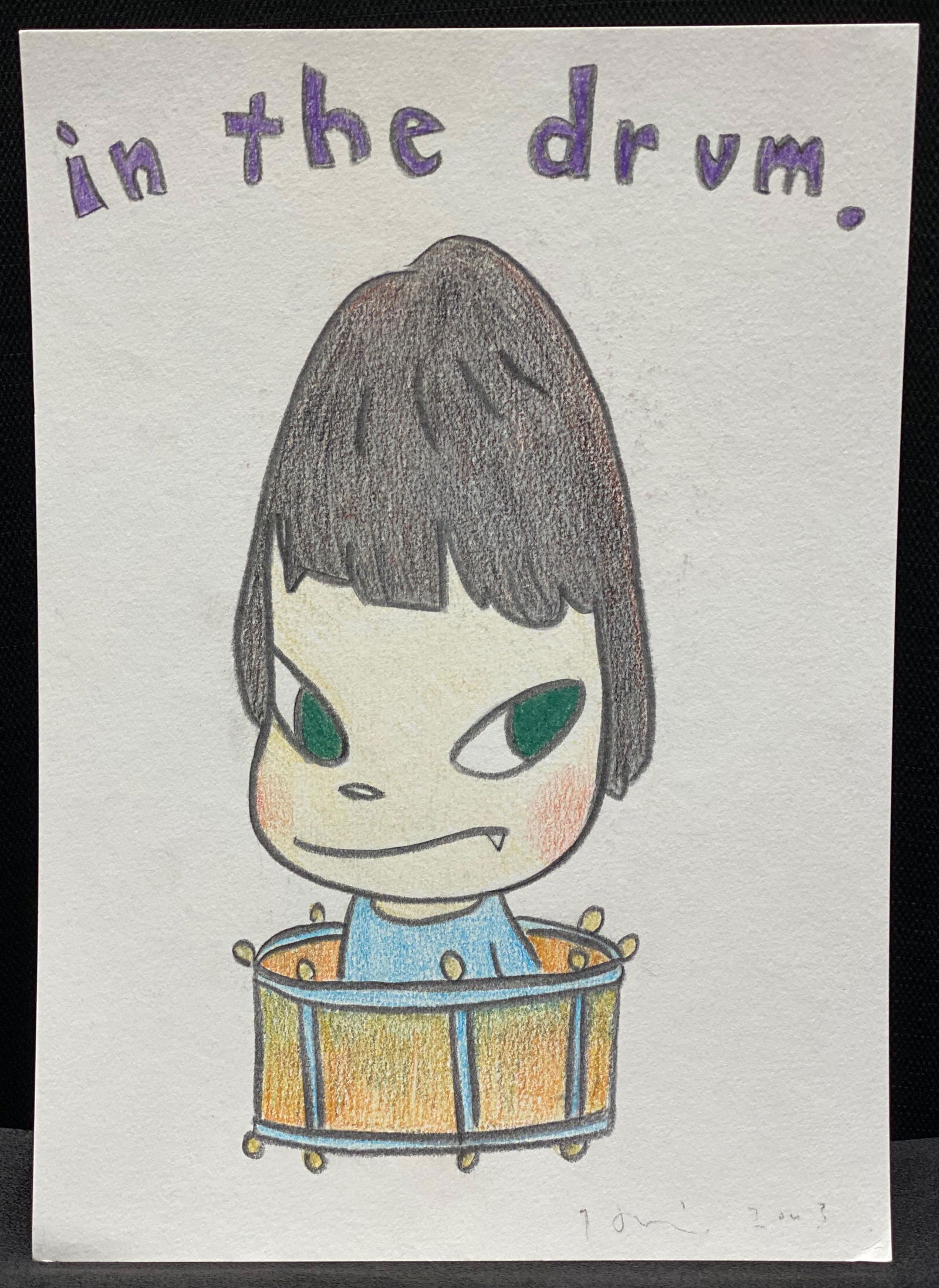 Yoshitomo Nara | Colored Pencil Drawing: Yoshitomo Nara | Colored Pencil and Graphite on Paper | Signed in Japanese and dated ''2003" (lower right) | Title "In The Drum" (upper center)| Measures 8 1/4 x 11 3/4 | Please Note: No COA - Certifi