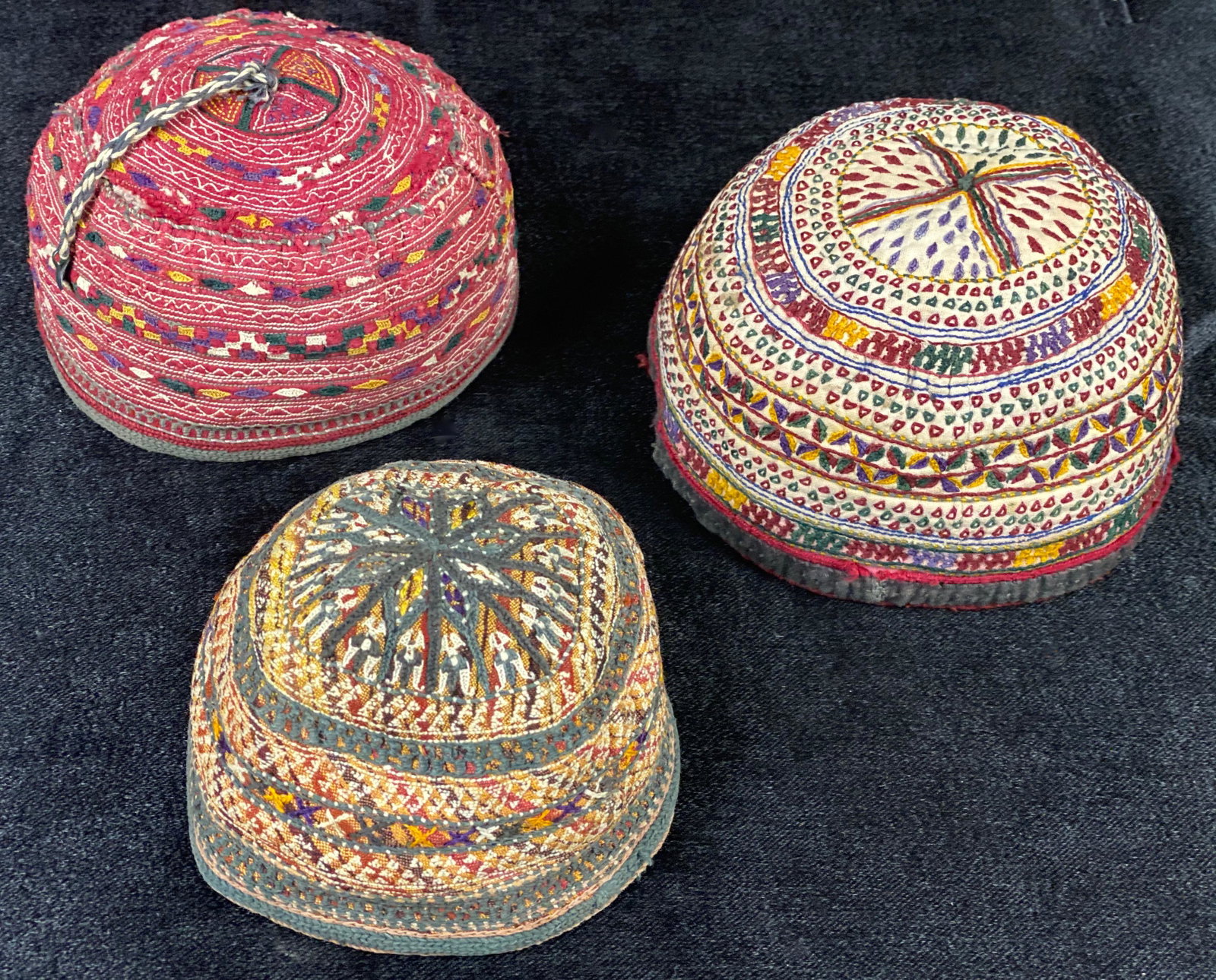 Uzbekistan | Antique Childrens Hats | Set of 3: Uzbekistan Central Asia | Childrens Hats | Set of 3 | Various Tribal Designs & Colors | Various Sizes 4 1/2 - 3 3/4