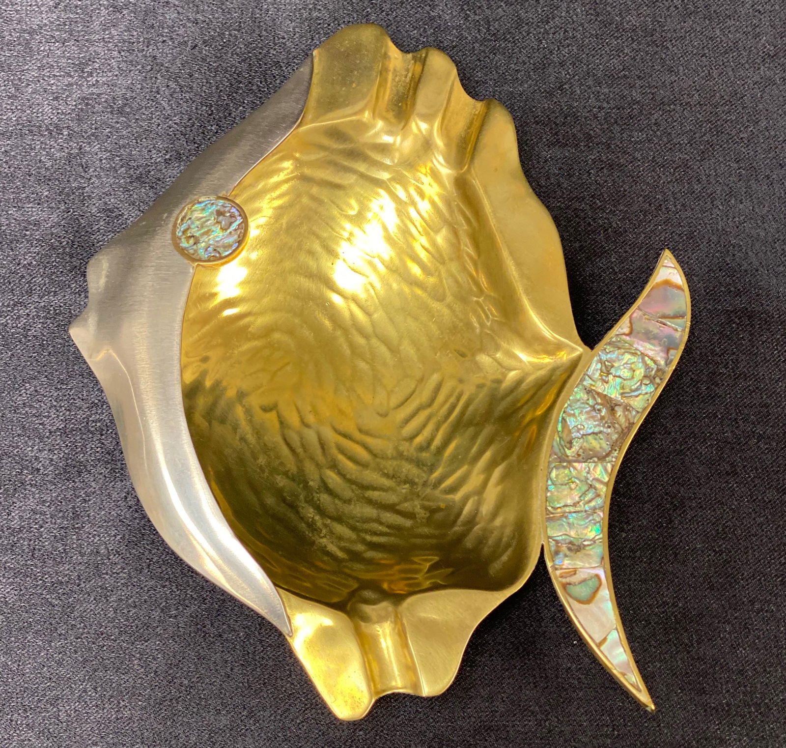 Vintage Brass Ashtray |Abalone Inlay Fish Shaped: Vintage Brass & Abalone Ashtray | Inlay Fish Shaped | 7 x 6 1/4