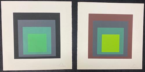 Josef Albers | Serigraphs | Pair: Josef Albers Serigraphs Pair | Green on Grey & Black | Measures 7 1/2 x 7 1/2 | Bright Green on Grey & Black | Measures 7 1/2 x 7 1/2 | Both Unframed