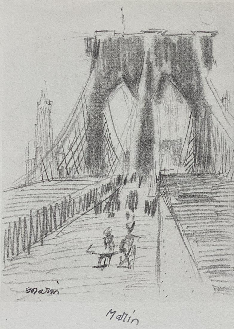 John Marin Pencil Signed Collotype Print: John Marin Pencil Signed Collotype Print | Brooklyn Bridge No 7 | Printed in France | 9 3/4 x 12 3/4