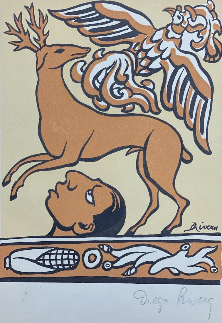 Diego Rivera Signed Book Page Lithograph: Diego Rivera Signed Book Page Lithograph | The Land of the Pheasant And the Deer - Inside Page | Pencil Signed Bottom Right | 6 5/8 x 9