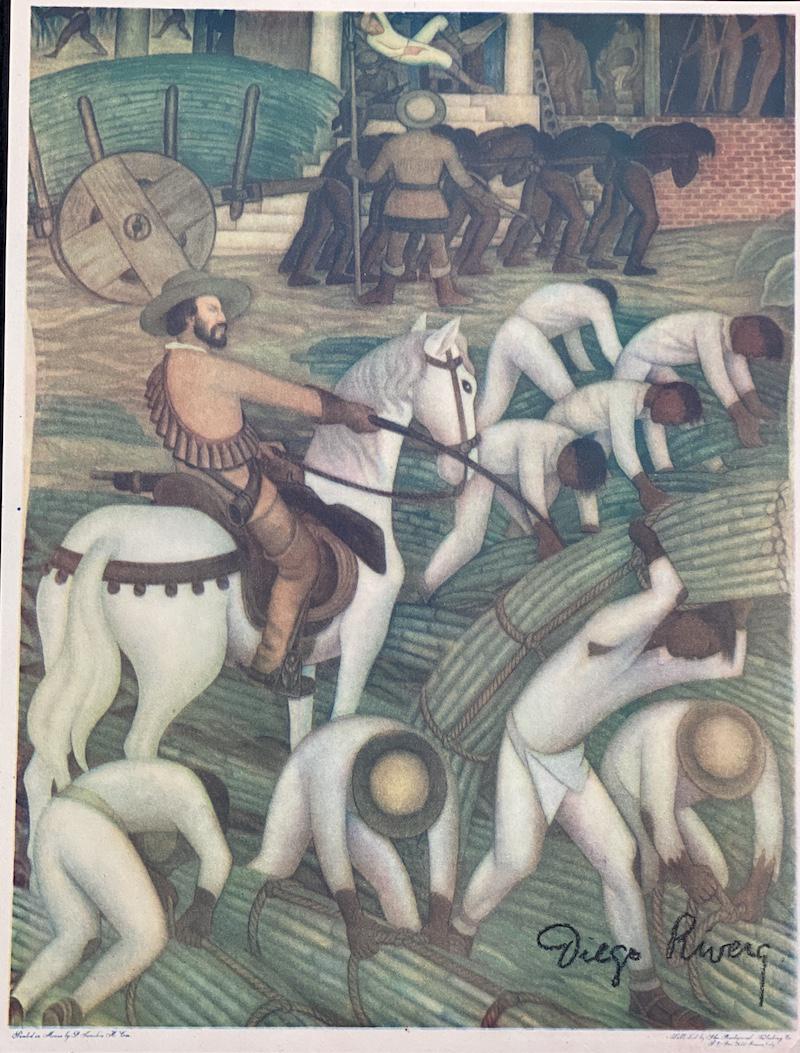 Diego Rivera Signed Offset Print: Diego Rivera Signed Offset Print | Cutting Sugar Cane | Hand Signed Bottom Right | 9 1/8 x 11 7/8
