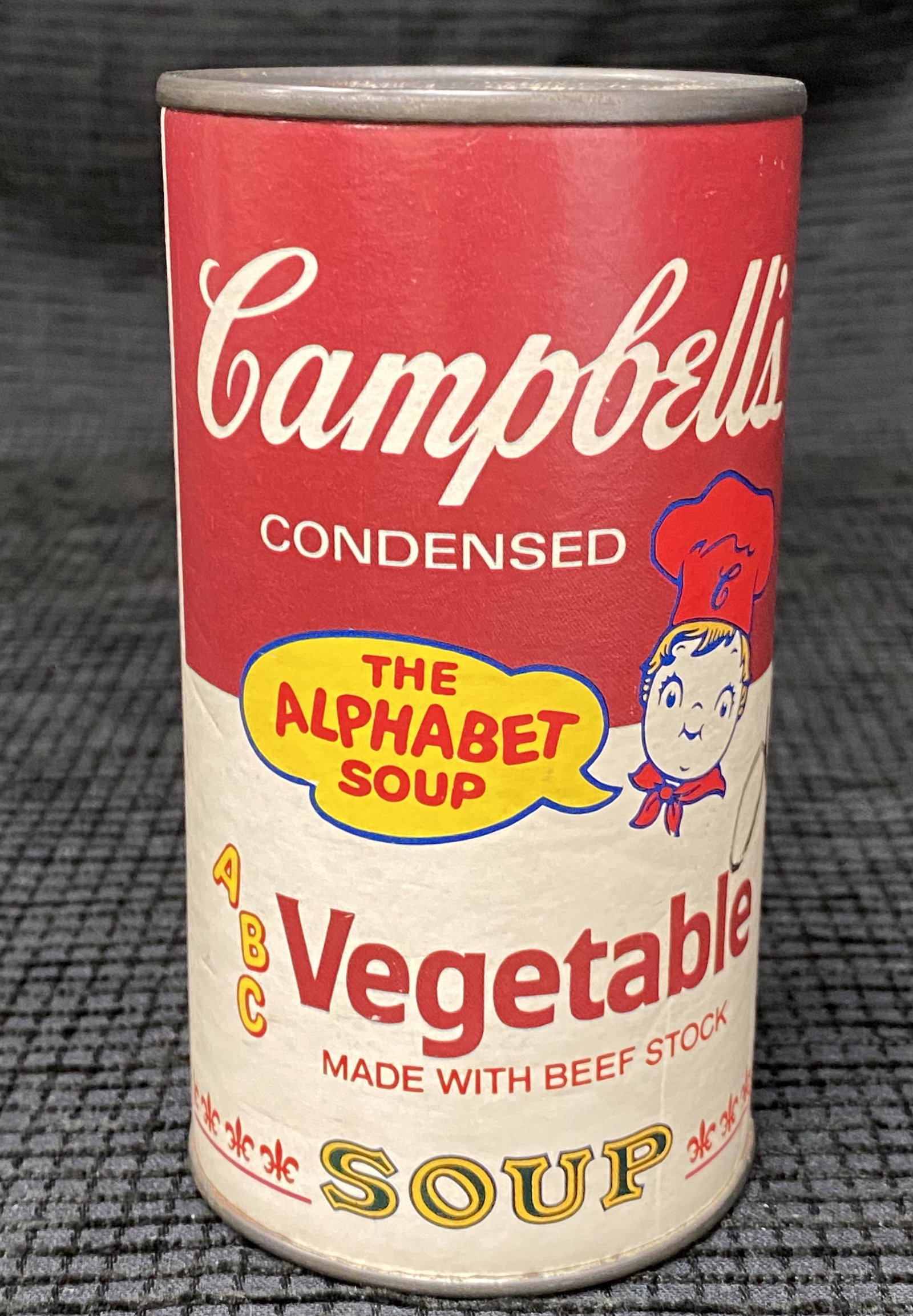 Andy Warhol Signed Campbell's Kaleidoscope: Andy Warhol Signed Campbell's Kaleidoscope | Extremely Rare Signed 1981 Steven Manufacturing Co.Campbell's Kaleidoscope Vegetable Soup Can | 2 5/8 Round x 5 H