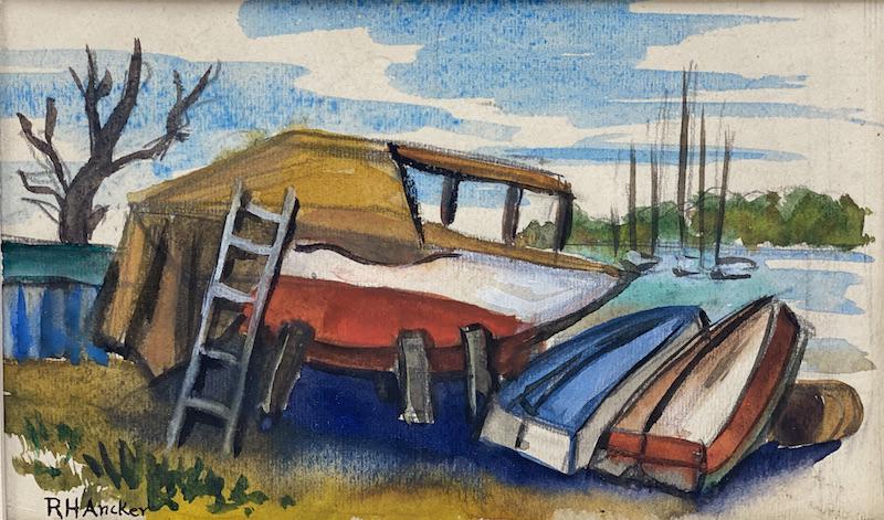 Ruth Hutton Ancker | Watercolor: Ruth Hutton Ancker 1901 - 1979 | Watercolor | Boat Docked with Sail Boats | Image Measures 4 1/2 x 6 1/2 | Listed in the Smithsonian Collection Ancker, Ruth Hutton , 1901-1979General Notes:Folder(s) m