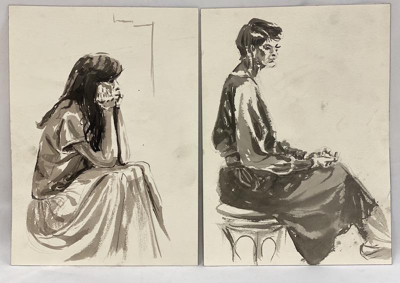 Susan Weir Unsigned | Watercolors: Susan Weir Unsigned Paintings | Watercolor Two-Sided | Females Seated | 10 1/4 x 14 1/4