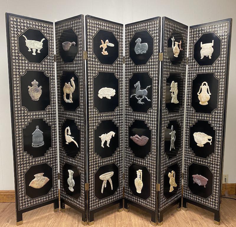 Chinese Inlaid Six Panel Solid Wood Screen: Chinese Inlaid Six Panel Solid Wood Screen | Featuring Various Chinese Symbols and Scholars items executed in Various Colored Stones and Nacre mother of pearl | The reverse has Hand Painted China Blos