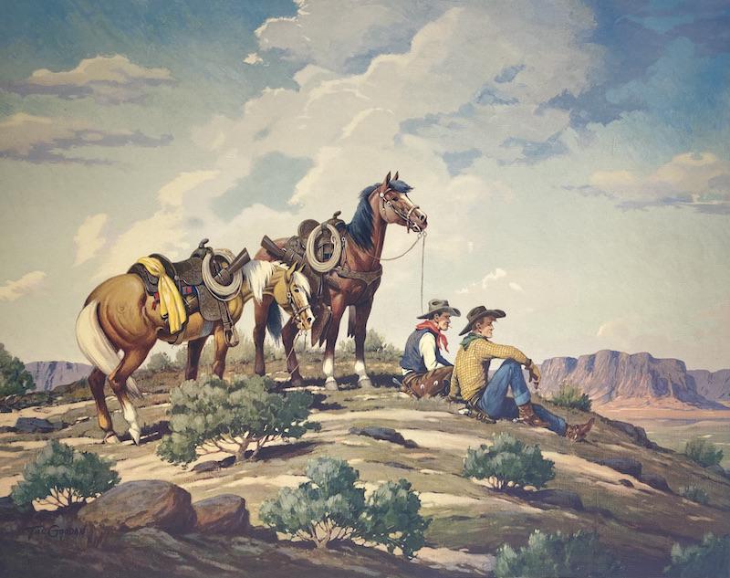 Till Goodan Lithograph | Guardians of the Range: Till Goodan Lithograph on Linen Paper | Circa 1940's | Guardians of the Range | Measures 25 3/4 x 31 1/2 | Image Measures 23 3/4 x 29 1/2