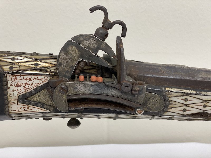 Ottoman Miquelet Rifle with Pearl & Islamic Writing: Islamic Turkish Ottoman 18th/19th Century Flintlock Miquelet Rifle | Arabic Writing on Stock | Ornamental design with Six Pointed Stars, Intertwined Flowing Lines of Arabic or Moorish Decoration with 
