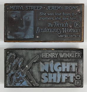 Blockbuster Movies Vintage Printing Blocks: Henry Winkler - Michael Keaton - Shelley Long Night Shift 1982 | Meryl Streep - Jeremy Irons The French Lieutenants Woman 1981 | Set of Two Rare Advertising Print blocks | Numbers 2974 / 2862 | Size 3