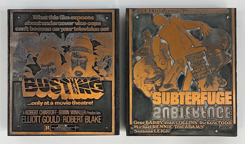 Action | Mystery Movie Vintage Printing Blocks: Elliott Gould - Robert Blake Busting 1974 | Gene Barry - Joan Collins Subterfuge 1968 | Set of Two Rare Advertising Print blocks | Numbers 1363 / 507 | Size 3 1/4 x 2 7/8