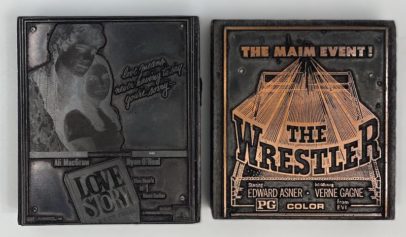 Blockbuster Movies Vintage Printing Blocks: Ryan O'Neal - Ali MacGraw "Love Story" 1970 | Ed Asner The Wrestler 1974 | Set of Two Rare Print Blocks | Numbers 349 / 1343 | Size 3 1/4 x 2 7/8