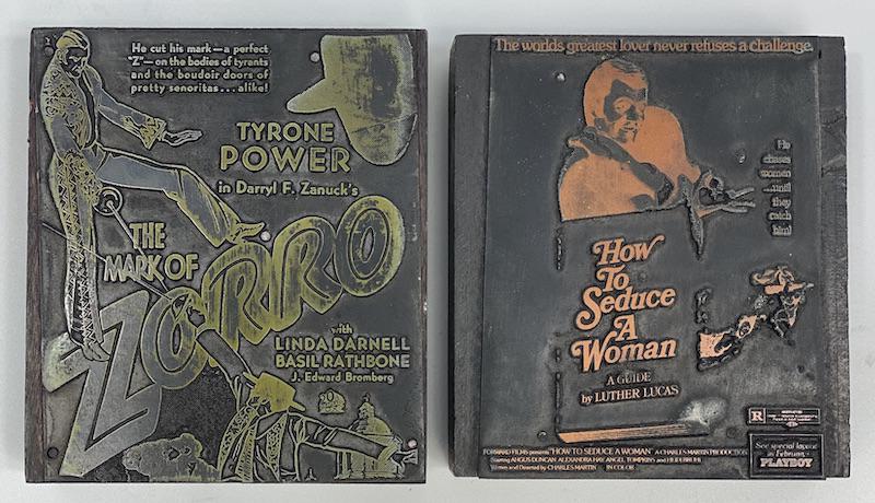 Blockbuster Movies Vintage Printing Blocks: Angel Tompkins "How to Seduce A Woman" 1974 | Tyrone Powers "The Mark of Zorro" 1940 | Set of Two Rare Print Blocks | Numbers 1333 / 3212 | Size 3 1/4 x 2 7/8