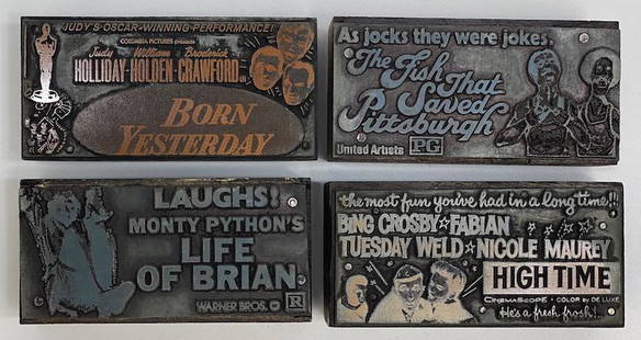 Comedy Movies Vintage Printing Blocks: Judy Holliday - William Holden Born Yesterday 1950 | Monty Python's Life of Brian 1979 | The Fish That Saved Pittsburgh 1979 | Tuesday Weld - Bing Crosby - Fabian "High Time" 1960 | Set 4 Rare Print B