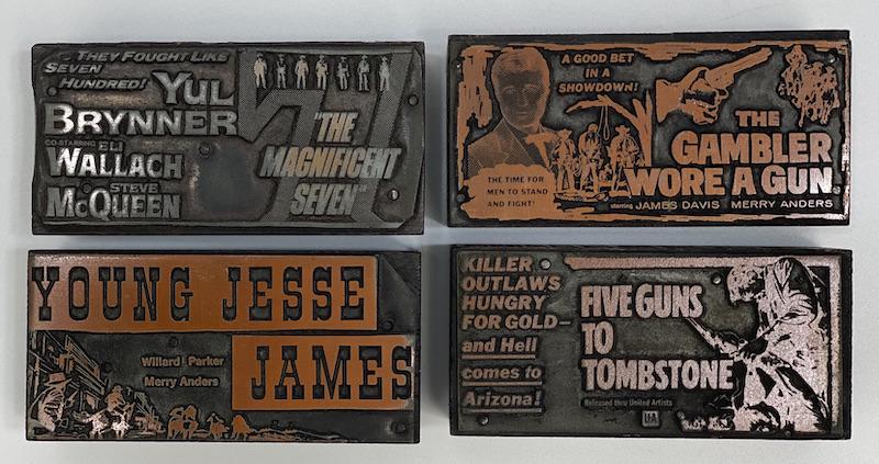Western Movies Vintage Printing Blocks: Yul Brynner - Steve McQueen The Magnificent Seven 1960 | Young Jesse James 1960 | The Gambler Wore A Gun 1961| Five Guns to Tombstone 1960| Set 4 Rare Print Block | Number 33906,3839,4083,4000 | Size
