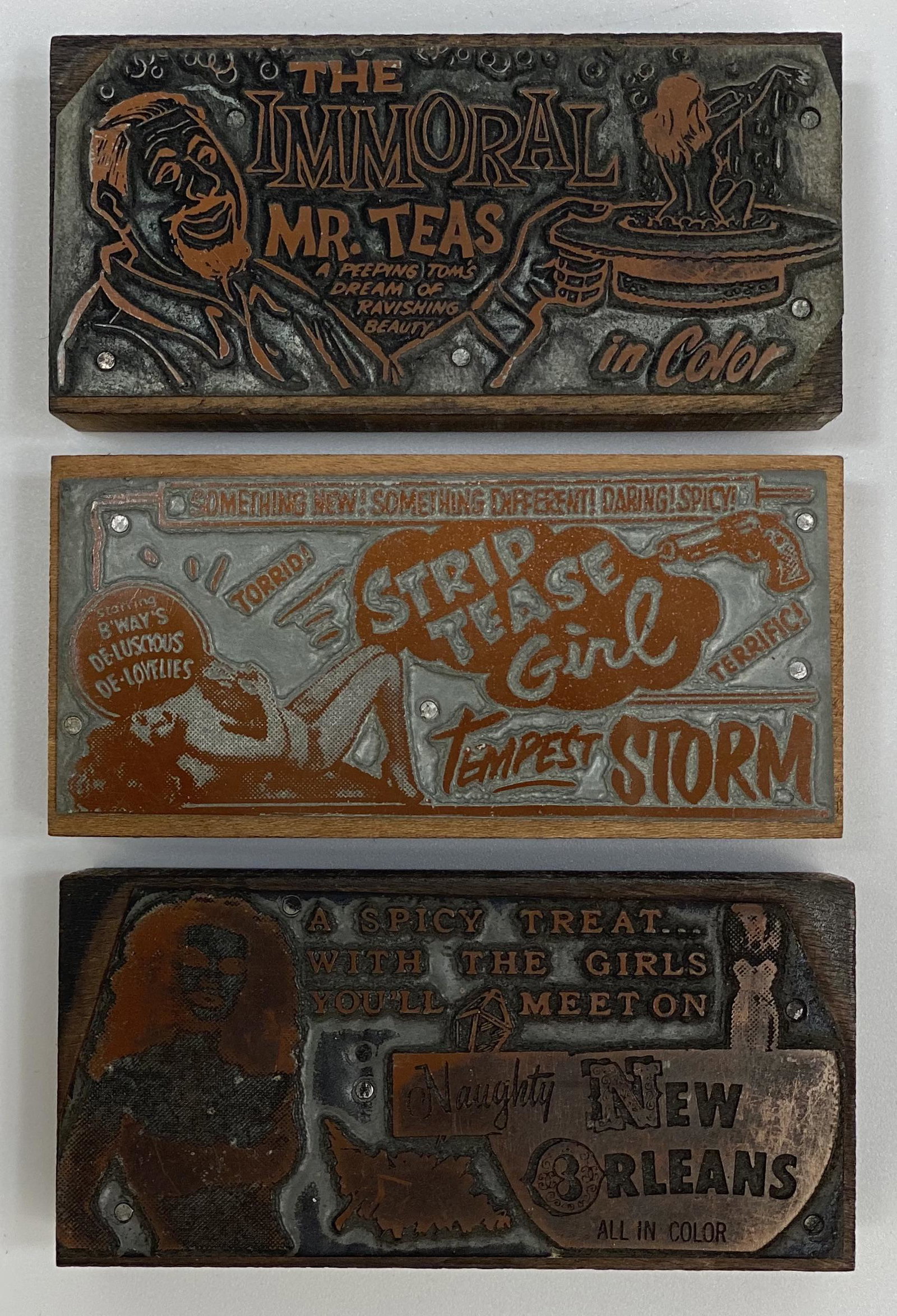 Erotic Movie Vintage Printing Blocks: The Immoral Mr Teas - 1959 | Strip Tease Girl - Starring Tempest Storm - 1952 | Naughty New Orleans - 1954 | Set of Three Rare Printing Blocks | Numbers 3879, 3921, 3843 | Size 2 7/8 x 1 3/8