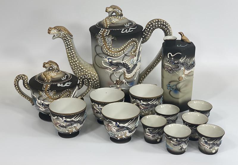 Japanese Satsuma Dainan Tea & Sake Set with Dragons: Japanese Satsuma Dainan Tea & Sake Set with Dragons and with lithophane etched artwork in very thin translucent porcelain of Japanese Lady | Thirteen piece set - See attached.
