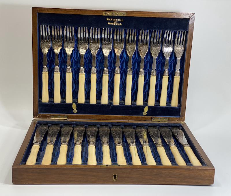 Sheffield Silverplate Fish Service for Twelve (12): Sheffield Silverplate Fish Service for Twelve (12) | Walker & Hall, England | Rocaille Decoration and Ivorine Handles| Set in a Silk-lined Walnut Case | Box Measures 9 7/8 x 13 7/8 x 2 3/8