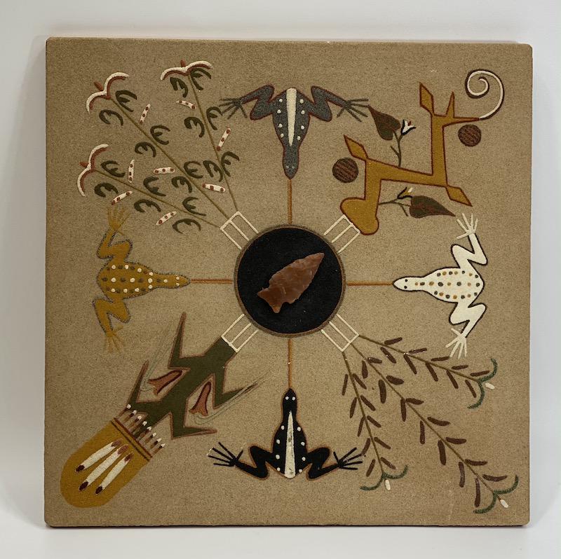 Wilson Price Navajo | Large Sand Painting: Wilson Price Navajo Large Triangle Shaped Sand Painting | Frogs with Arrowhead | Measures 13 x 13