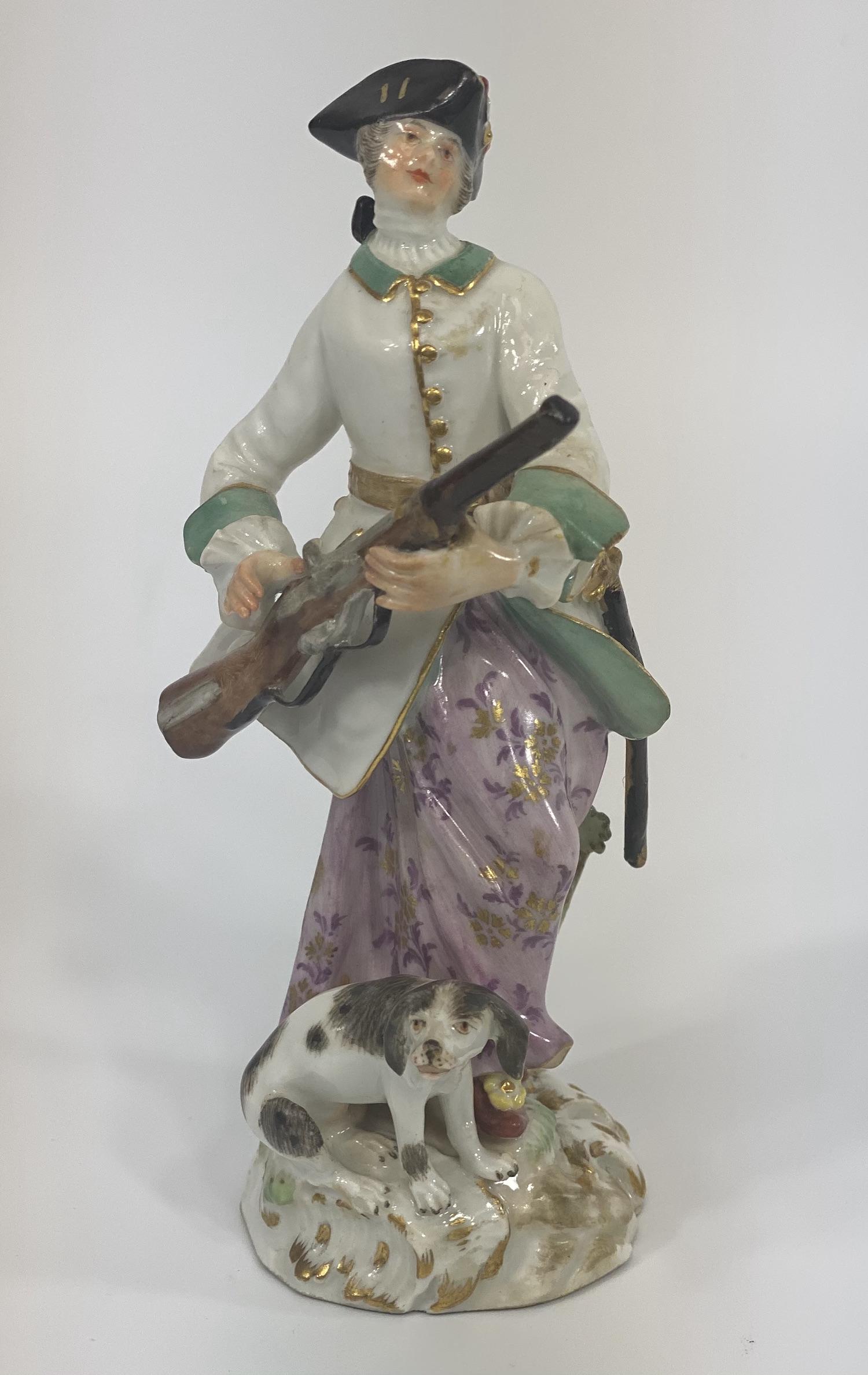 Meissen Porcelain Figurine - Soldier: Meissen Porcelain Figurine - Soldier or Hunter with rifle and Sword in fine condition Measures 5 1/4 H
