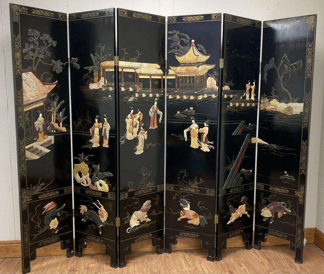 Japanese Six-panel Lacquer Screen with Hard Stones (1 of 5)