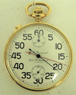 Guinand 14K Gold Case 15j Stop Watch 1/5 Second Split: Guinand 1/5 second split stop watch. 14K Gold case, original box and receipt. Good Working Condition. Age Appropriate Wear, Please see photos for a better idea of condition.