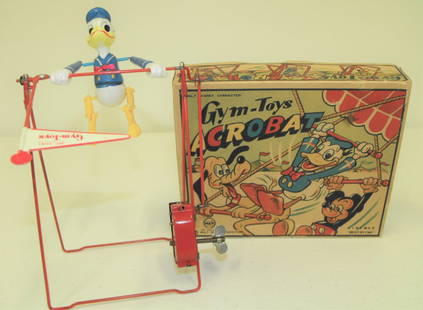 Donald Duck Linemar Toy Acrobat MIB: Donald Duck Acrobat Toy by Linemar. Mint in box, good working condition. 5" by 9" overall. Age Appropriate Wear, Please see photos for a better idea of condition.