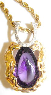 14K Gold Amethyst & Diamond Equestrian Pendant Necklace: Equestrian themed pendant necklace intaglio carved amethyst center, flanked by 2 gold horses with red stone eyes, horseshoe above set with diamonds(tested) 14K Rope Chain. 50.3g Total Weight. Good