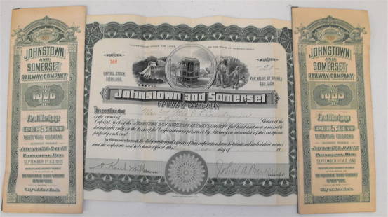 Johnstown & Somerset Railway Bond Certificates: Rare 3 piece lot of bond certificates for the Johnstown & Somerset Railway. Good Condition overall with normal folds and creases. Age Appropriate Wear, Please see photos for a better idea of